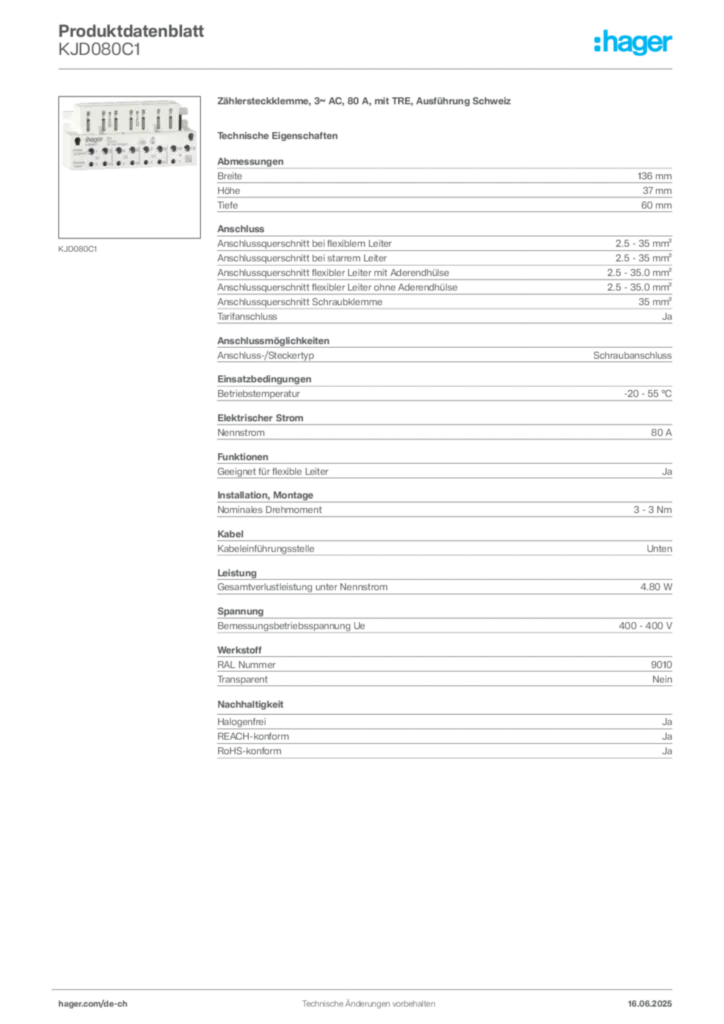 Bild Hager Produktdatenblatt KJD080C1 | Hager Schweiz