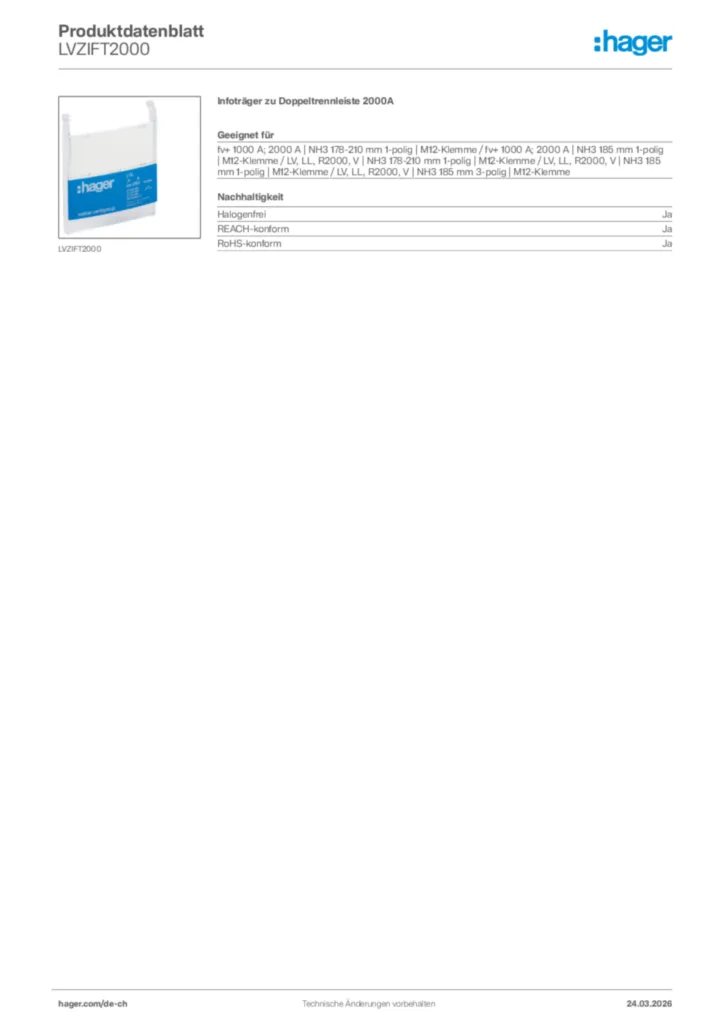 Bild Hager Produktdatenblatt LVZIFT2000 | Hager Schweiz