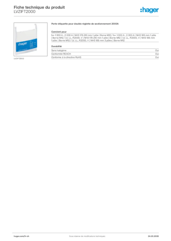 Image Hager Fiche technique du produit LVZIFT2000 | Hager Suisse