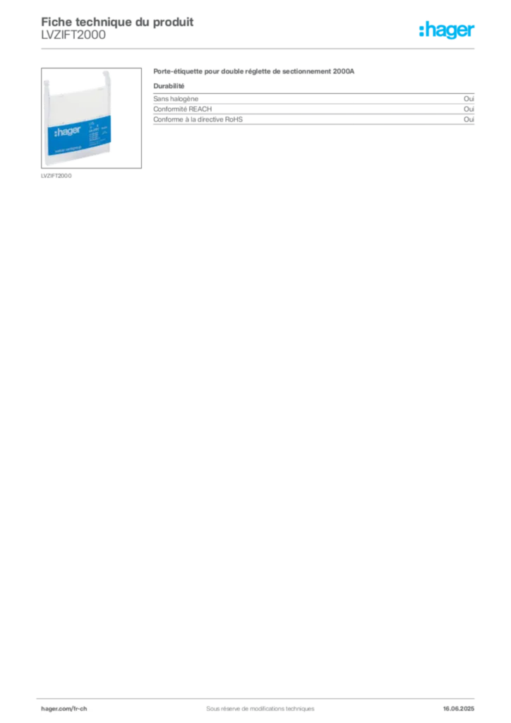 Image Hager Fiche technique du produit LVZIFT2000 | Hager Suisse