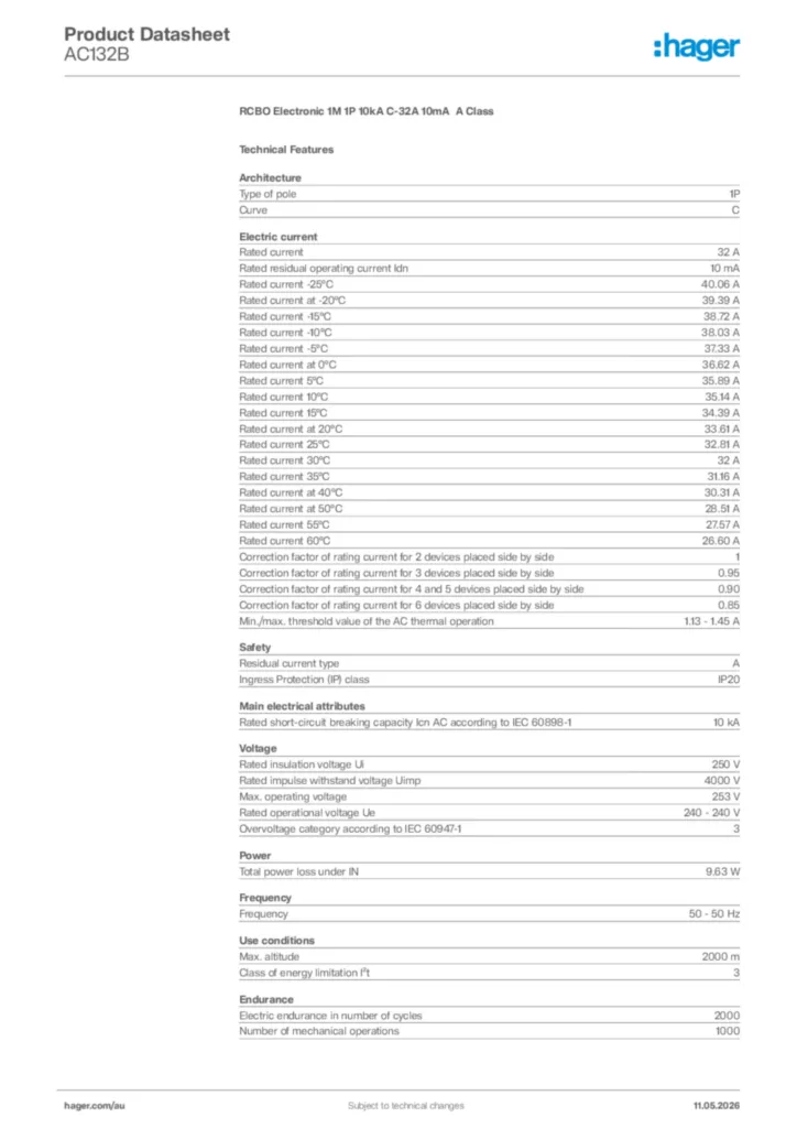 Image Hager Product data sheet AC132B  | Hager Australia