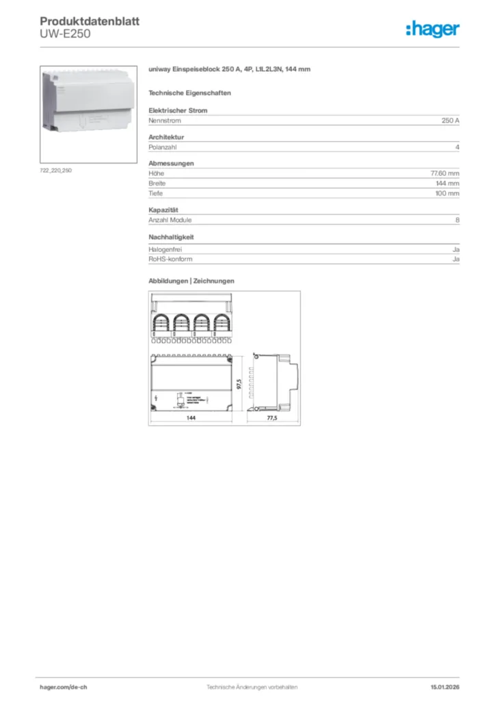 Bild Hager Produktdatenblatt UW-E250 | Hager Schweiz