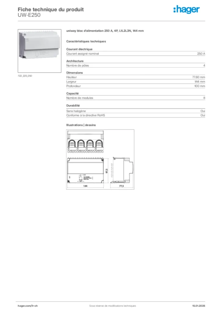 Image Hager Fiche technique du produit UW-E250 | Hager Suisse