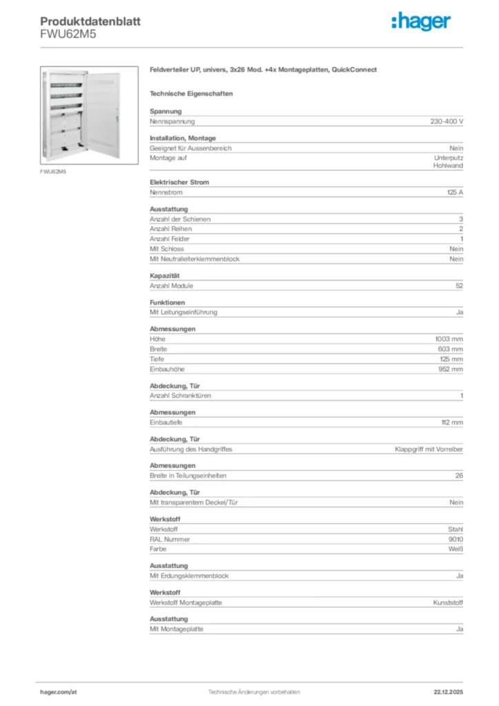 Bild Hager Produktdatenblatt FWU62M5 | Hager Deutschland