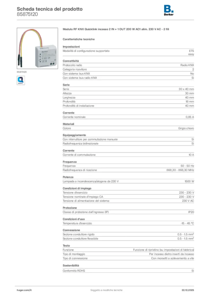 Immagine Berker Scheda tecnica del prodotto 85875120 | Hager Italia