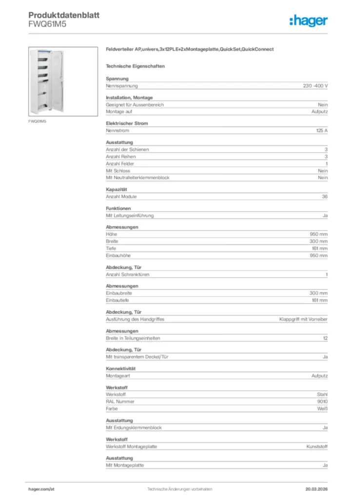Bild Hager Produktdatenblatt FWQ61M5 | Hager Deutschland