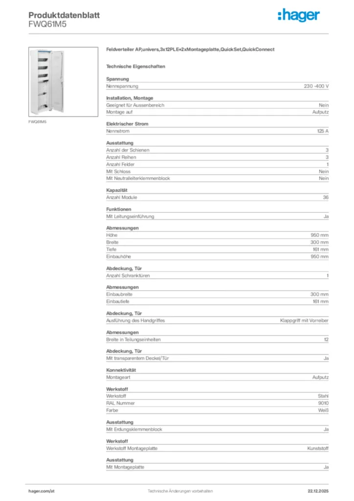 Bild Hager Produktdatenblatt FWQ61M5 | Hager Deutschland