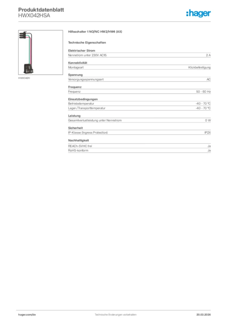 Bild Hager Produktdatenblatt HWX042HSA | Hager Deutschland