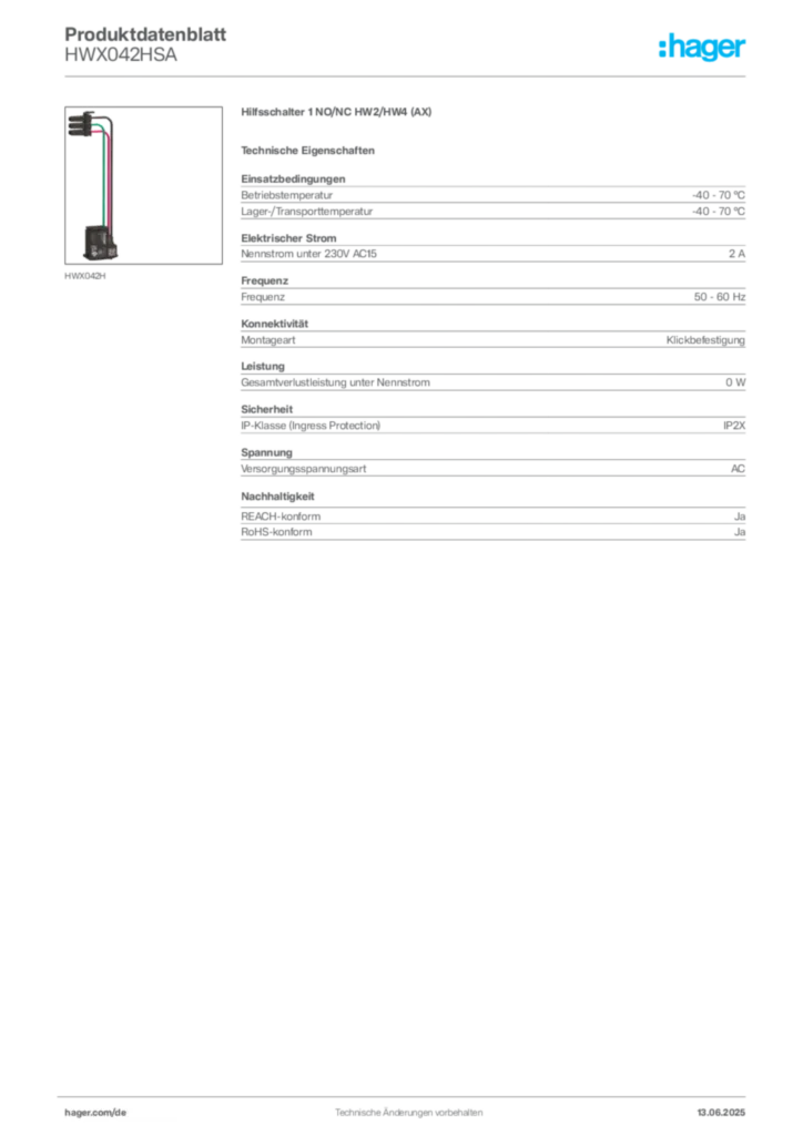 Bild Hager Produktdatenblatt HWX042HSA | Hager Deutschland