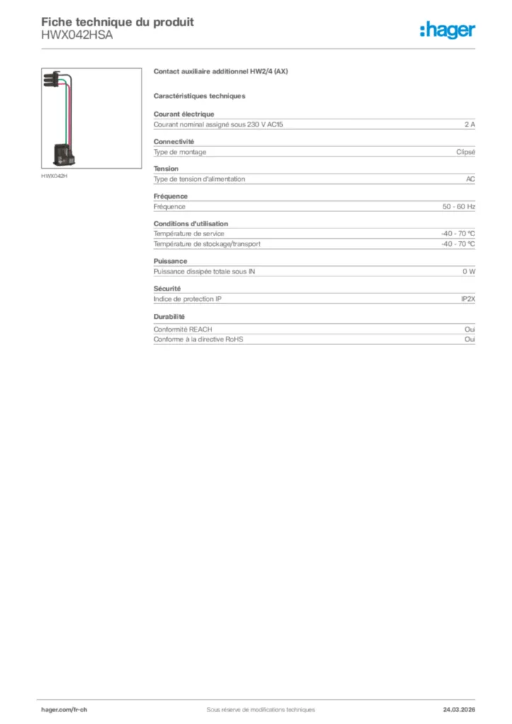Image Hager Fiche technique du produit HWX042HSA | Hager Suisse