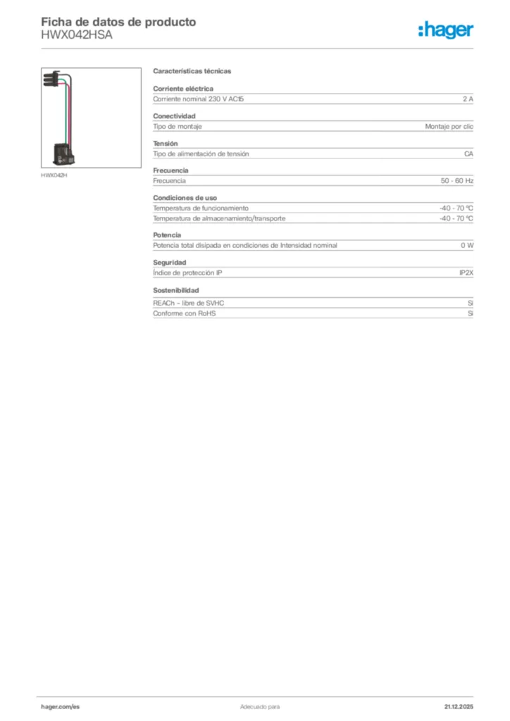 Imagen Hager Ficha de datos de producto HWX042HSA | Hager España