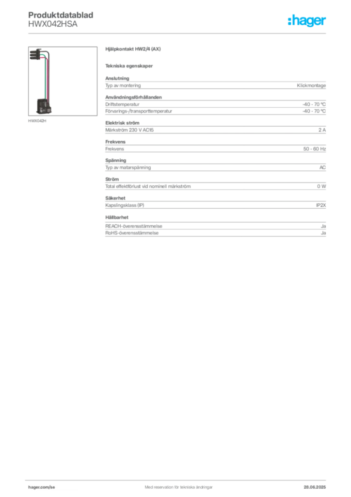 Bild Hager Produktdatablad HWX042HSA | Hager Sverige
