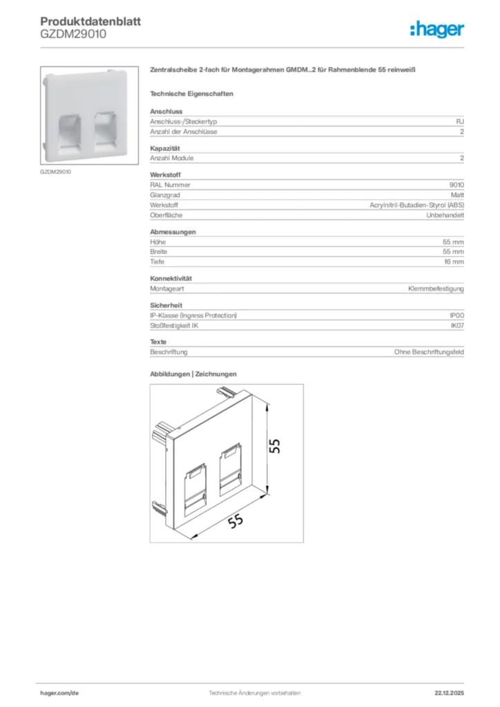 Bild Hager Produktdatenblatt GZDM29010 | Hager Deutschland