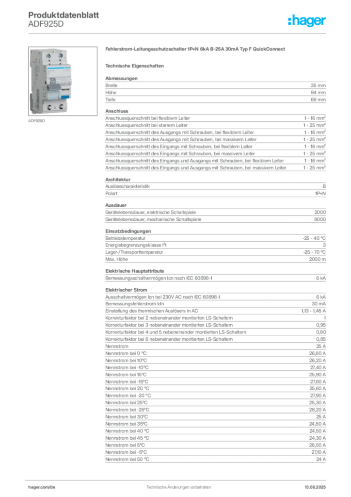 Hager Produktdatenblatt ADF925D