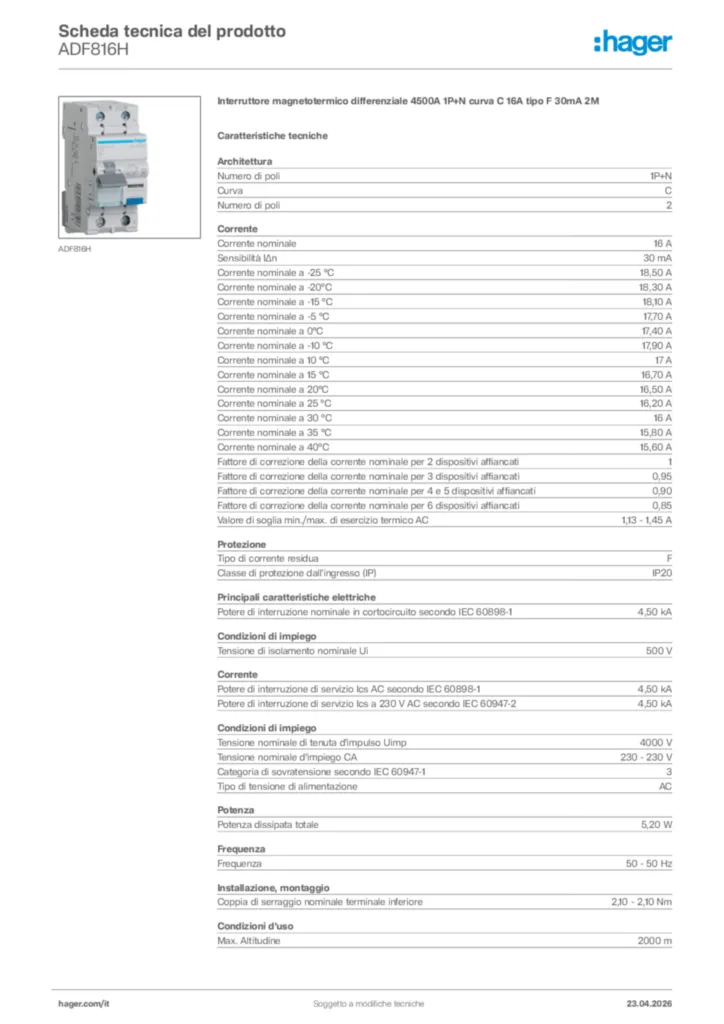 Immagine Hager Scheda tecnica del prodotto ADF816H | Hager Italia