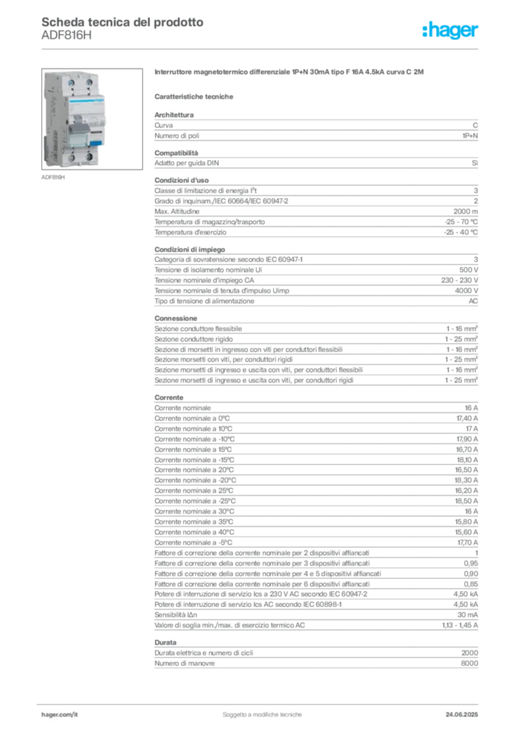Immagine Hager Scheda tecnica del prodotto ADF816H | Hager Italia