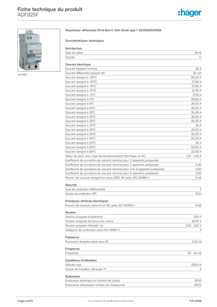 Image Hager Fiche technique du produit ADF925F | Hager France