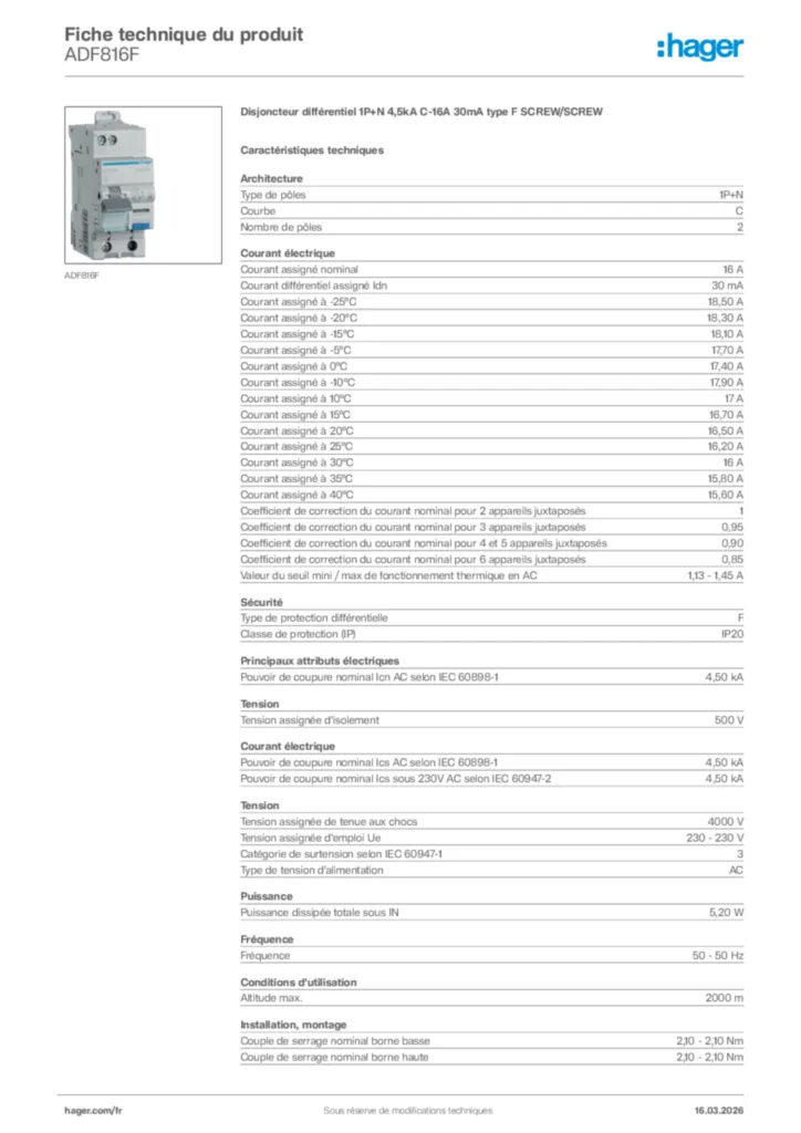 Image Hager Fiche technique du produit ADF816F | Hager France