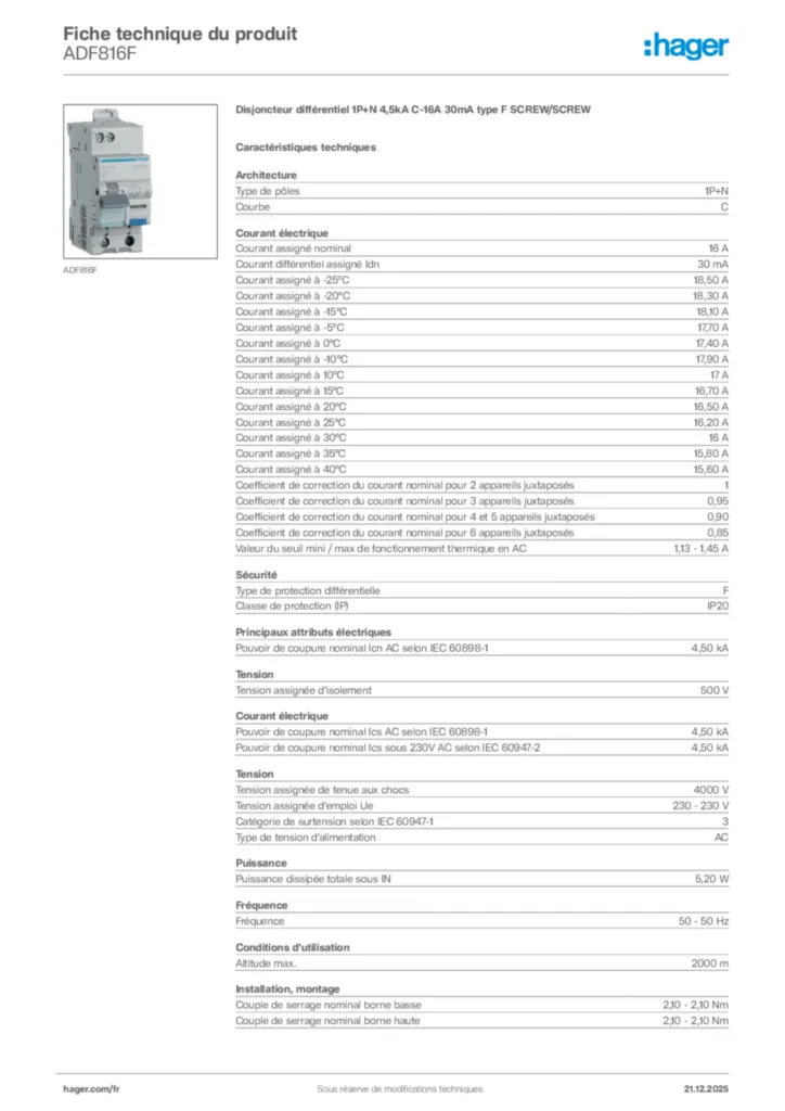 Image Hager Fiche technique du produit ADF816F | Hager France