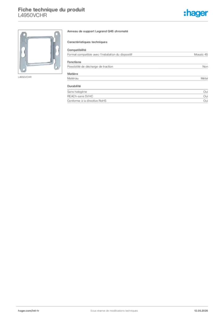 Image Hager Fiche technique du produit L4950VCHR | Hager Afrique