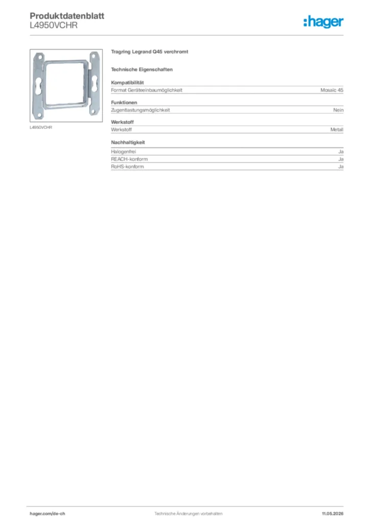 Bild Hager Produktdatenblatt L4950VCHR | Hager Schweiz