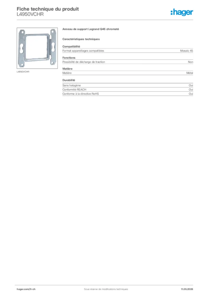 Image Hager Fiche technique du produit L4950VCHR | Hager Suisse