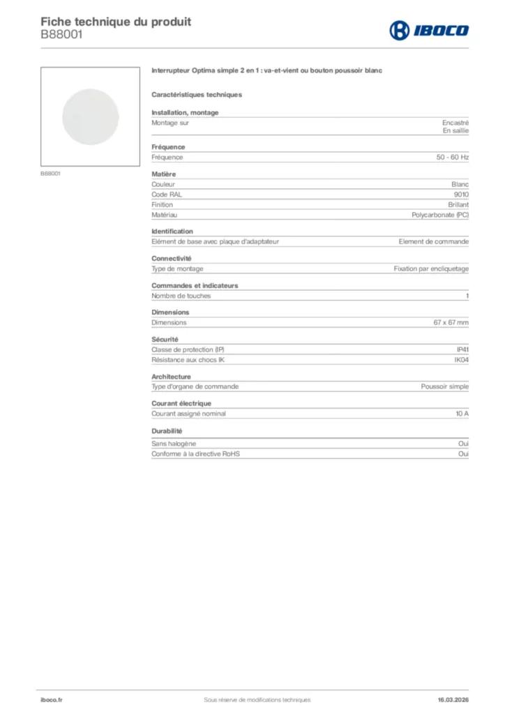 Image Iboco Fiche technique du produit B88001 | Hager France