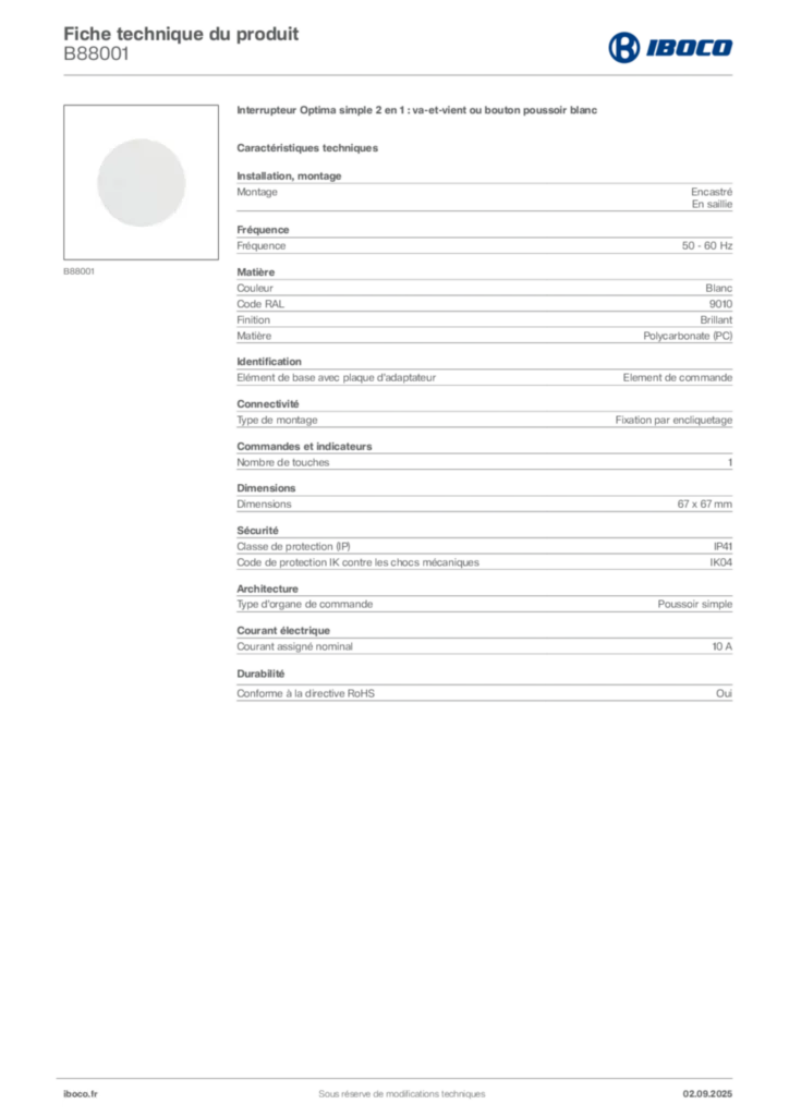 Image Iboco Fiche technique du produit B88001 | Hager France