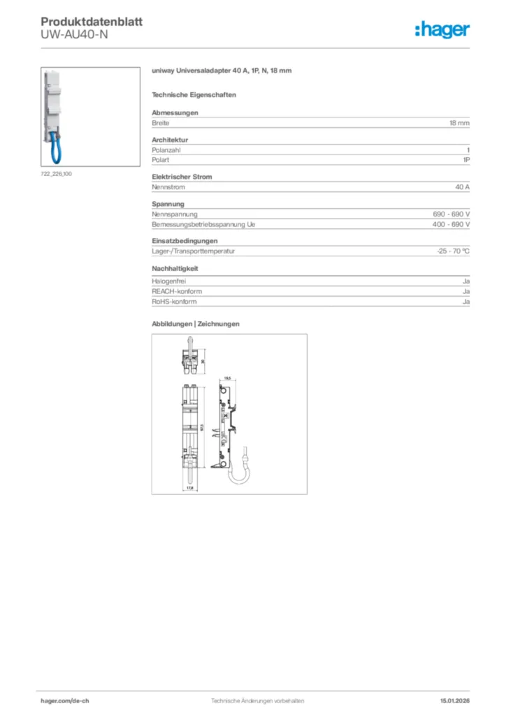Bild Hager Produktdatenblatt UW-AU40-N | Hager Schweiz