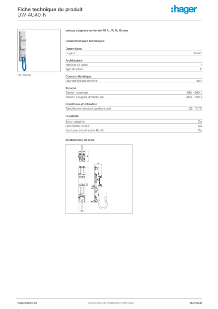 Image Hager Fiche technique du produit UW-AU40-N | Hager Suisse