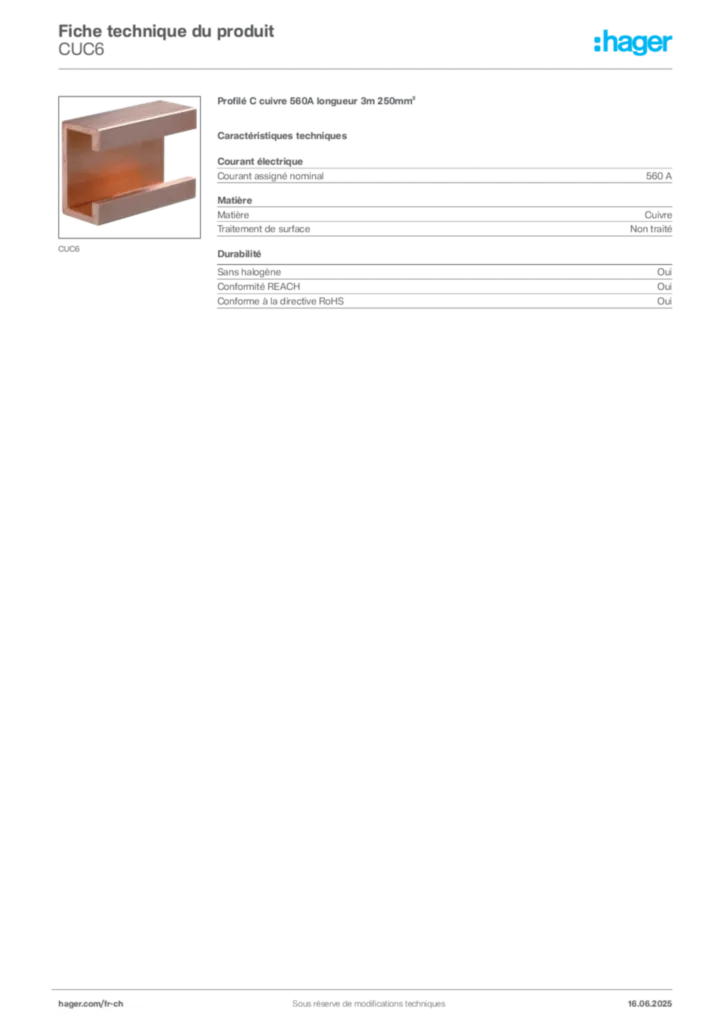 Image Hager Fiche technique du produit CUC6 | Hager Suisse