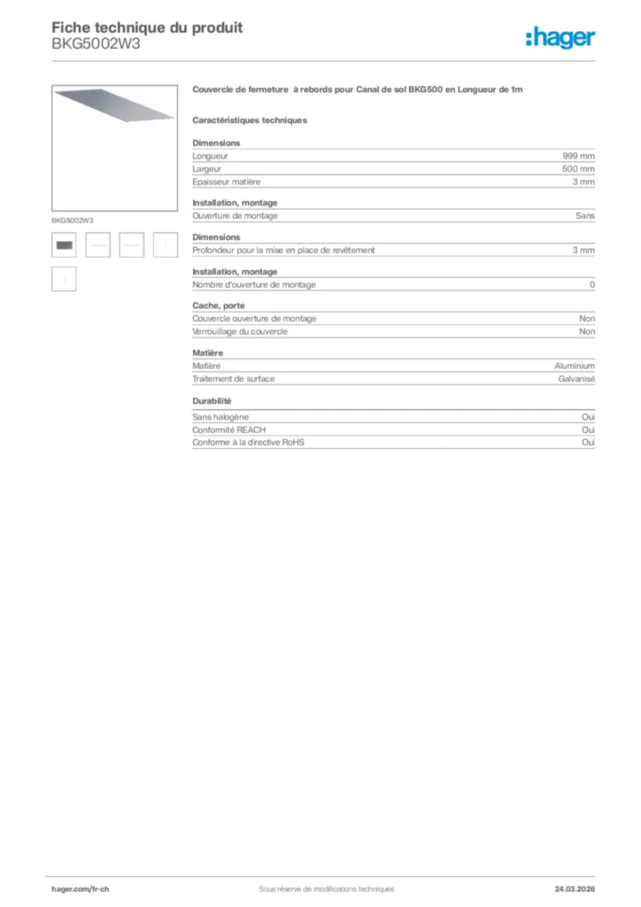 Image Hager Fiche technique du produit BKG5002W3 | Hager Suisse