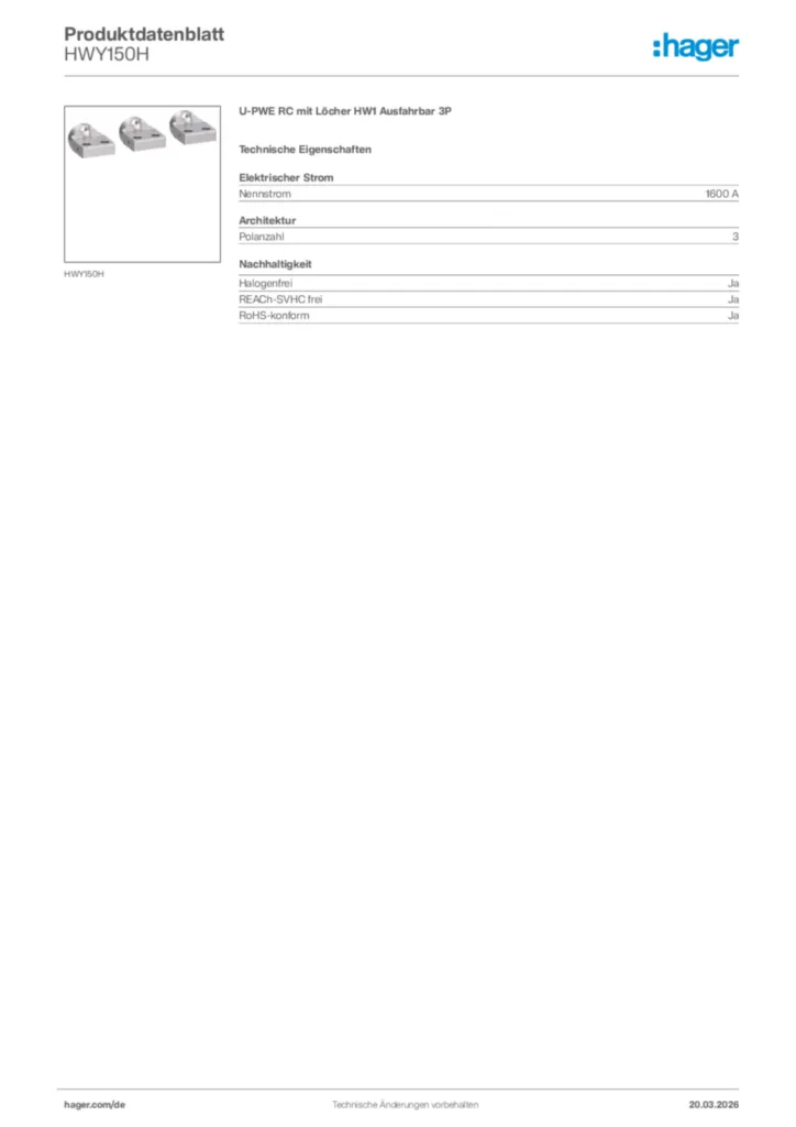 Bild Hager Produktdatenblatt HWY150H | Hager Deutschland