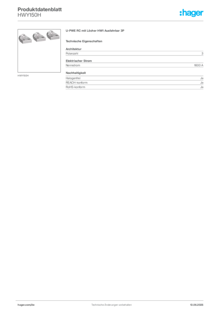 Bild Hager Produktdatenblatt HWY150H | Hager Deutschland