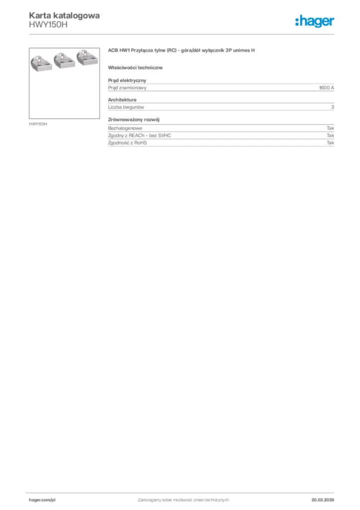 Zdjęcie Hager Karta katalogowa HWY150H | Hager Polska