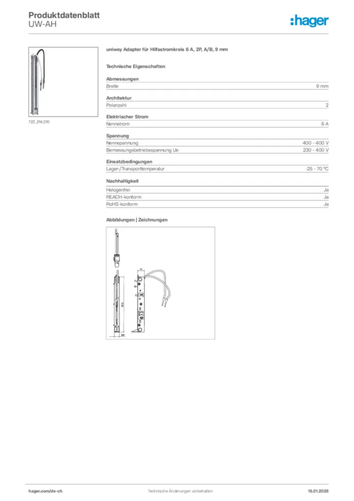 Bild Hager Produktdatenblatt UW-AH | Hager Schweiz