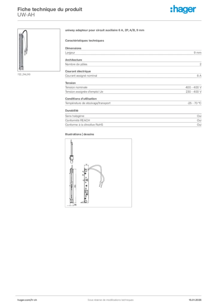 Image Hager Fiche technique du produit UW-AH | Hager Suisse