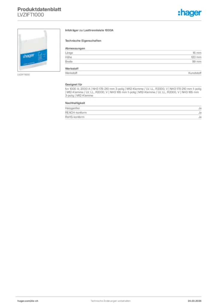 Bild Hager Produktdatenblatt LVZIFT1000 | Hager Schweiz