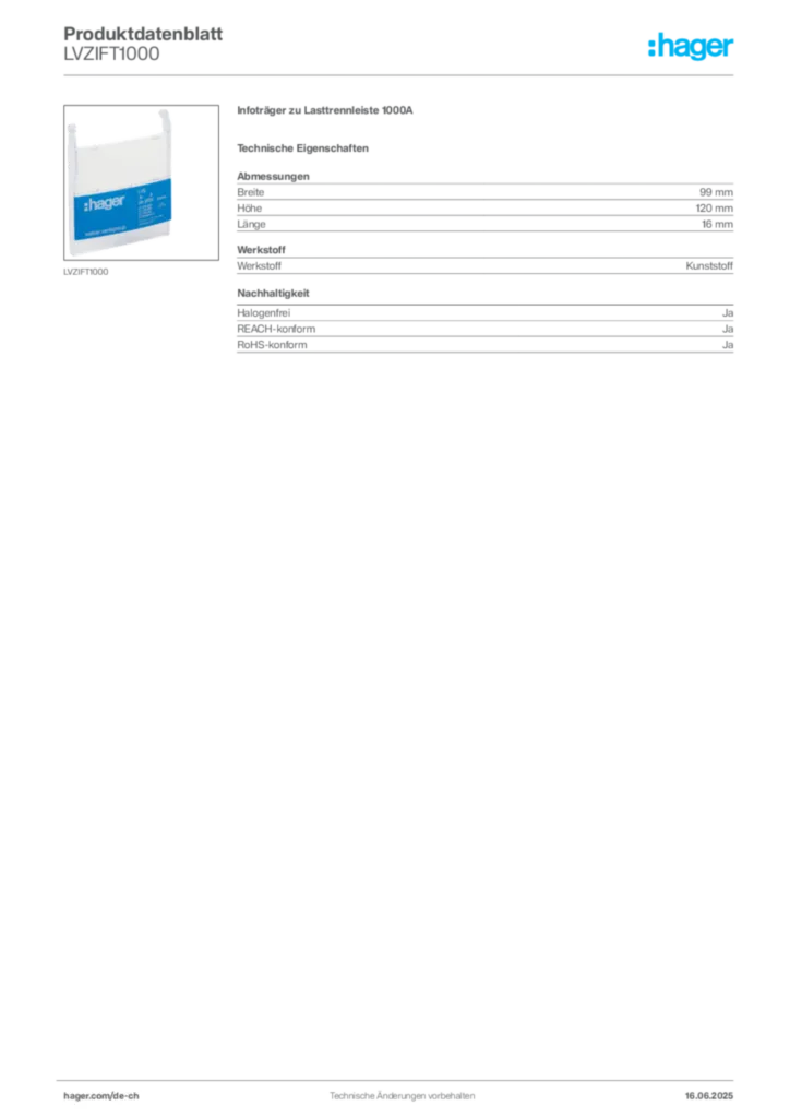 Bild Hager Produktdatenblatt LVZIFT1000 | Hager Schweiz