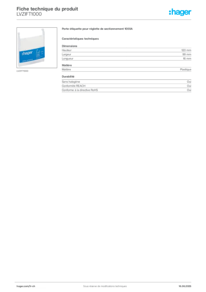 Image Hager Fiche technique du produit LVZIFT1000 | Hager Suisse