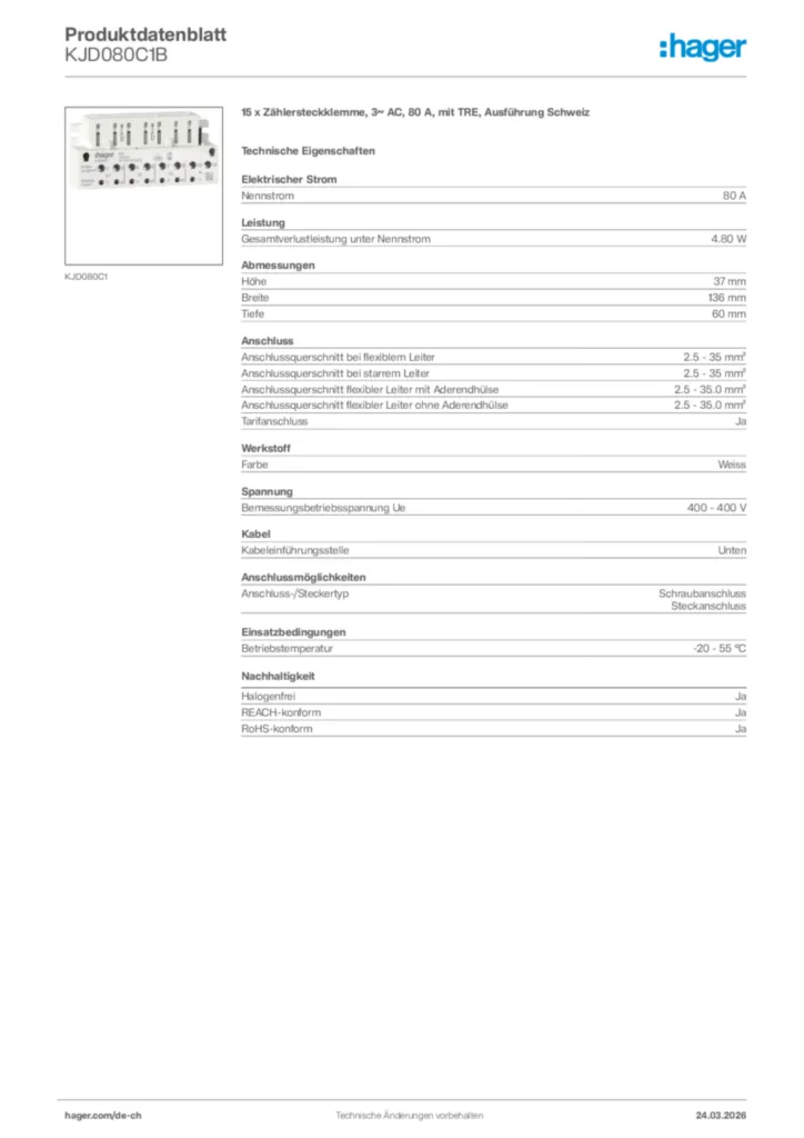 Bild Hager Produktdatenblatt KJD080C1B | Hager Schweiz