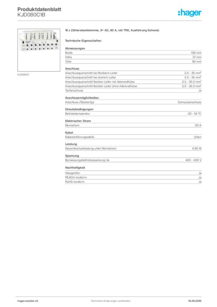 Bild Hager Produktdatenblatt KJD080C1B | Hager Schweiz