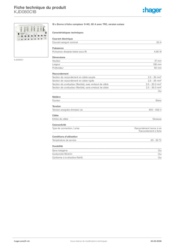 Image Hager Fiche technique du produit KJD080C1B | Hager Suisse
