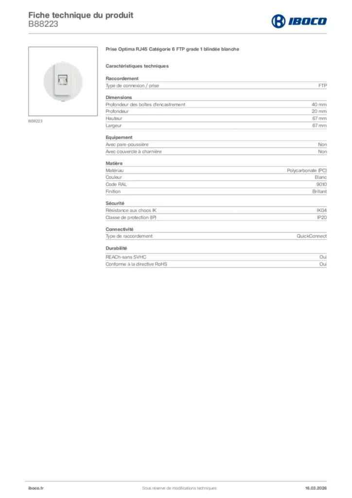 Image Iboco Fiche technique du produit B88223 | Hager France