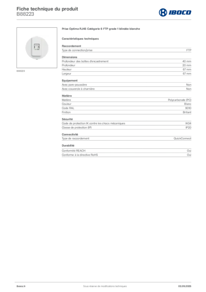 Image Iboco Fiche technique du produit B88223 | Hager France