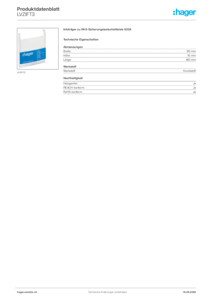 Bild Hager Produktdatenblatt LVZIFT3 | Hager Schweiz