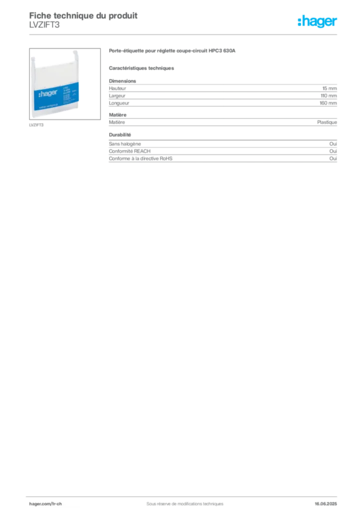 Image Hager Fiche technique du produit LVZIFT3 | Hager Suisse