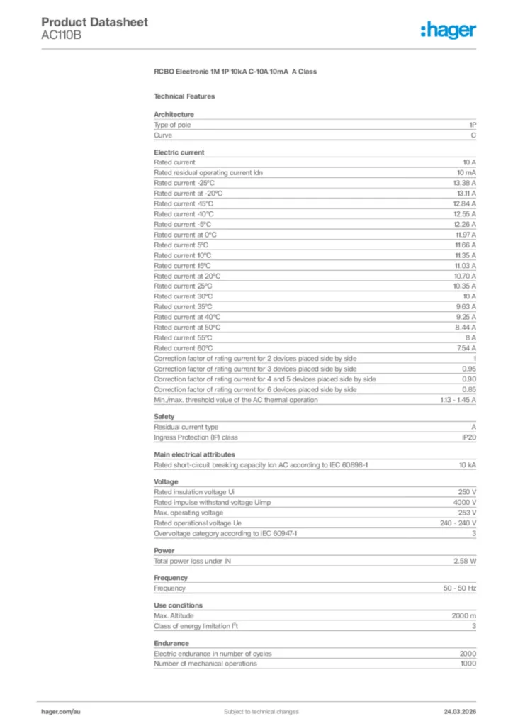 Image Hager Product data sheet AC110B  | Hager Australia