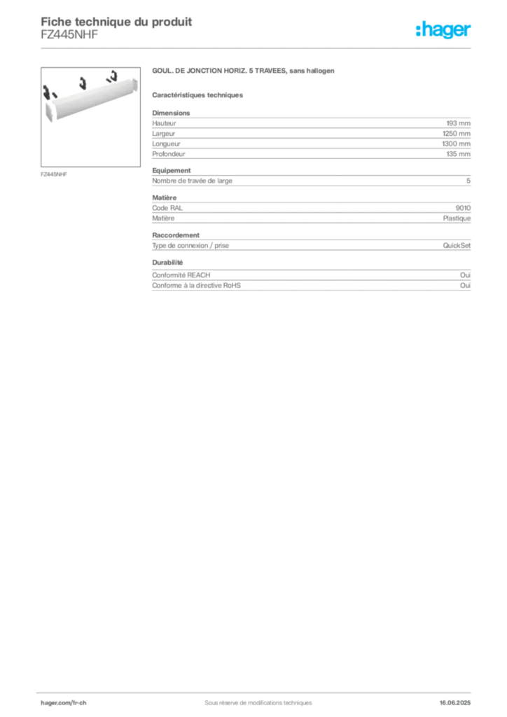 Image Hager Fiche technique du produit FZ445NHF | Hager Suisse