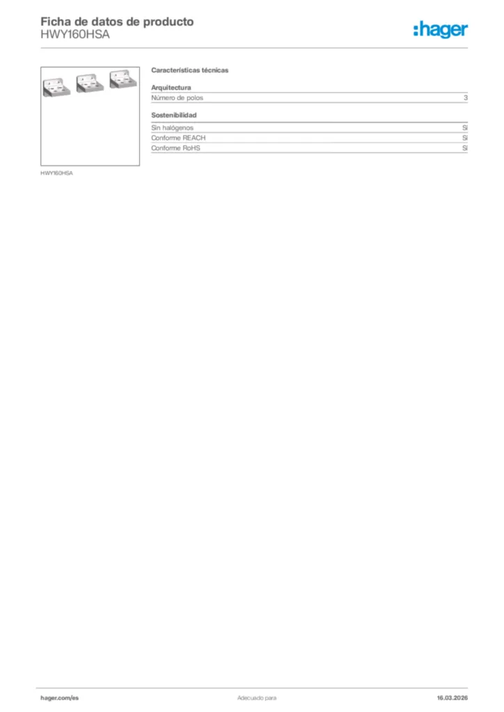 Imagen Hager Ficha de datos de producto HWY160HSA | Hager España